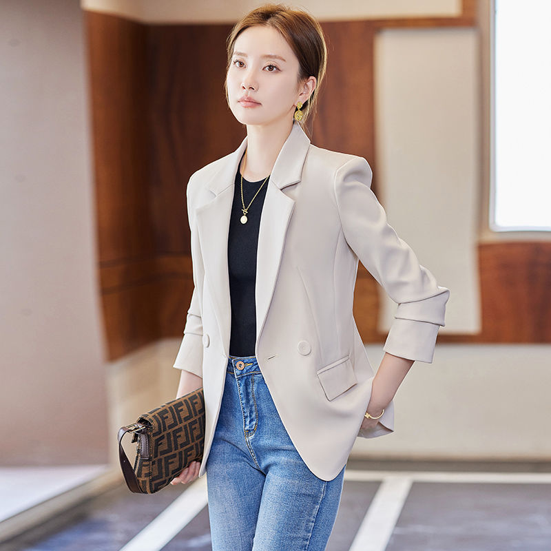 米杏色西裝外套女秋季2023新款小個子休閒高級感氣質修身西服上衣