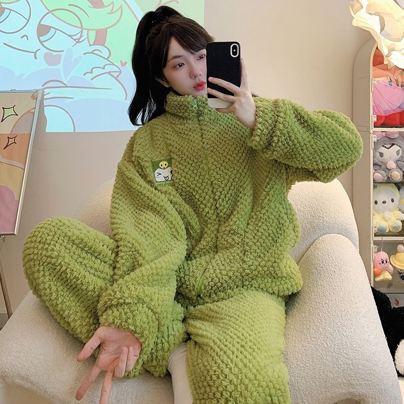 2023年冬季新款珊瑚絨睡衣女長袖套裝法蘭絨加厚保暖家居服可外穿