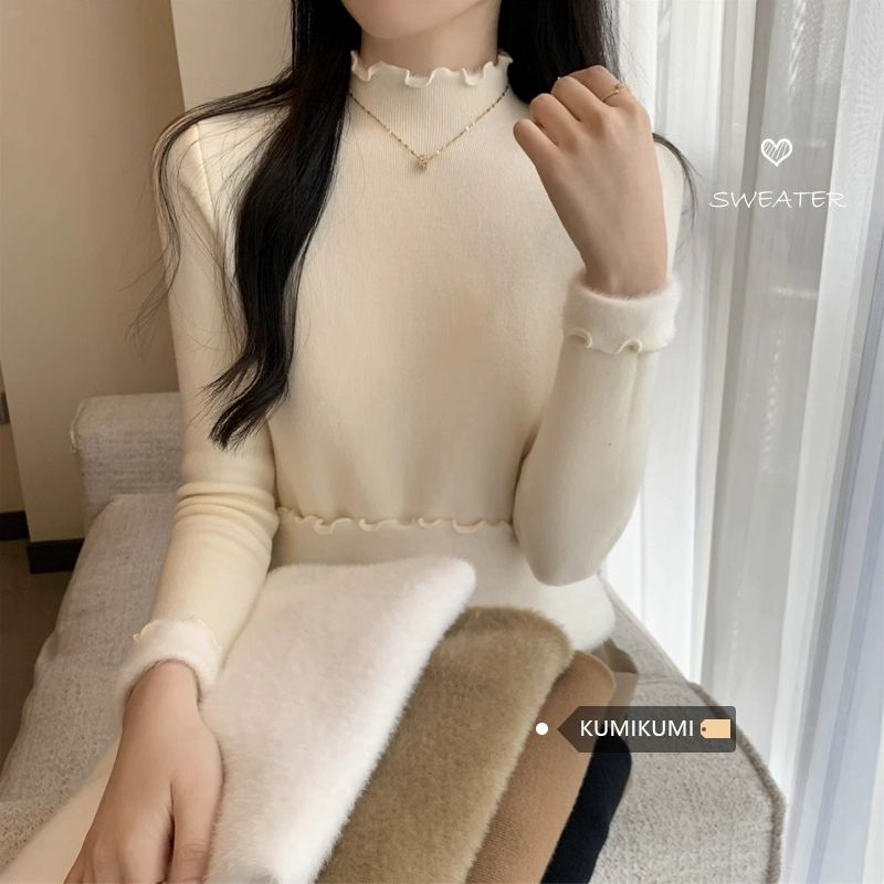 純色基礎款半高領木耳邊保暖針織衫女冬季加絨加厚修身打底衫上衣