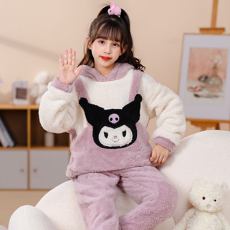 女童睡衣秋冬季寶寶珊瑚絨加厚加絨卡通家居服中小童可外穿卡通款