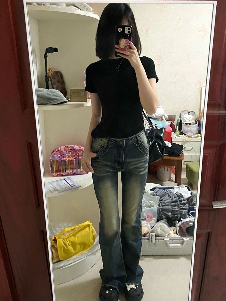 美式復古高腰微喇叭牛仔褲女小個子秋季設計感毛邊修身顯瘦直筒褲