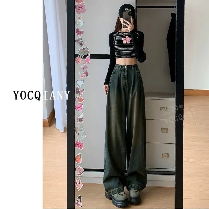 水泥灰復古闊腿牛仔褲女2023年秋季新款寬鬆高腰顯瘦做舊直筒長褲