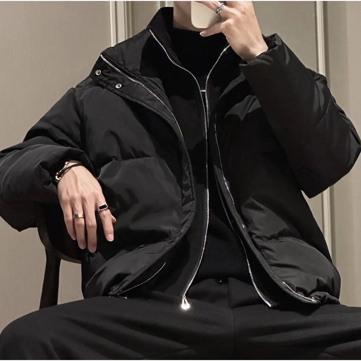 冬季三件潮男前线痞帅假两件保暖棉衣外套纯黑色棉服帅气整套搭配