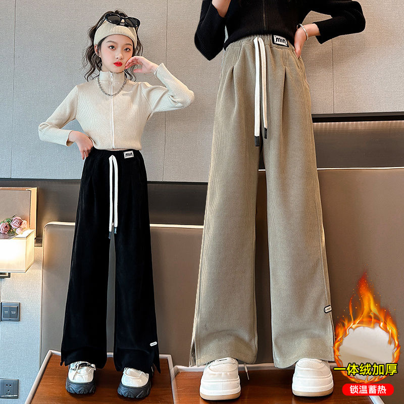 女童加絨褲子冬季外穿一體絨加厚2023新款兒童女孩秋冬雪尼爾長褲