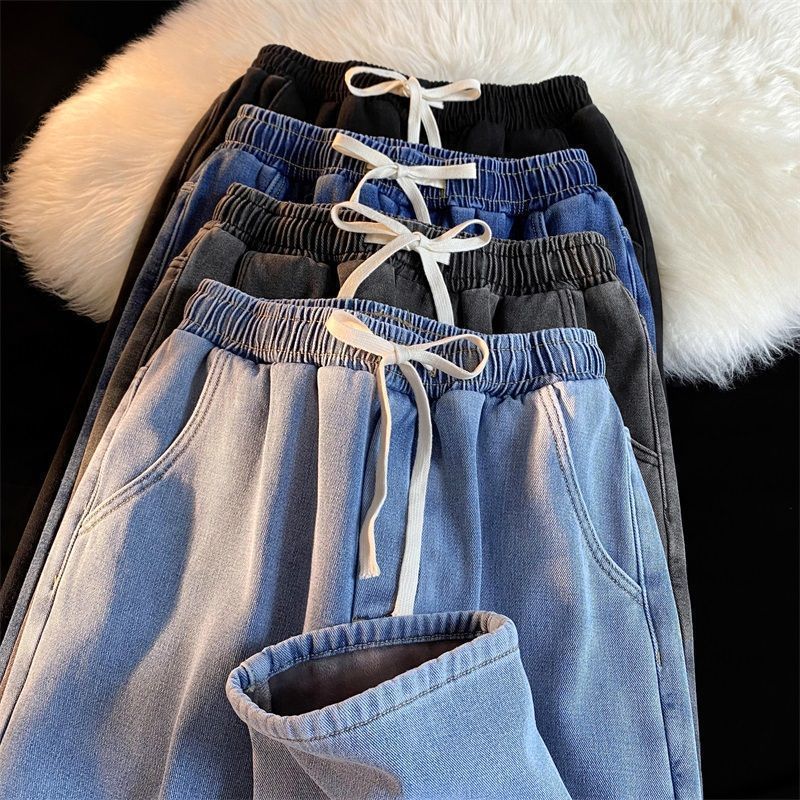 Autumn and winter American retro elastic waist jeans for men and women, trendy plus velvet, loose, comfortable and versatile wide-leg casual trousers