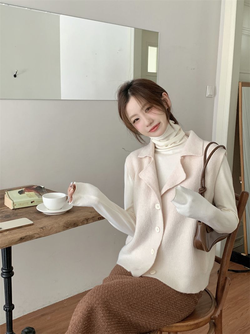 Suit Women's  Autumn and Winter New Korean Style Simple Suit Collar Knitted Vest Loose Top Pile Collar Sweater Women