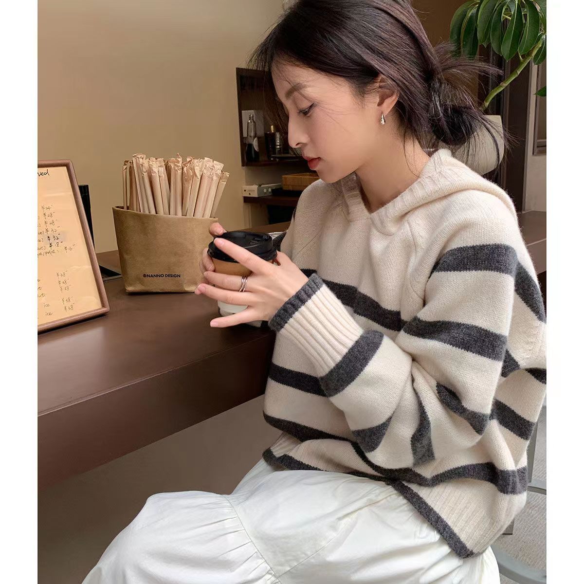 韓系寬鬆連帽條紋撞色套頭毛衣女新款秋冬季美拉德學院風針織衫潮