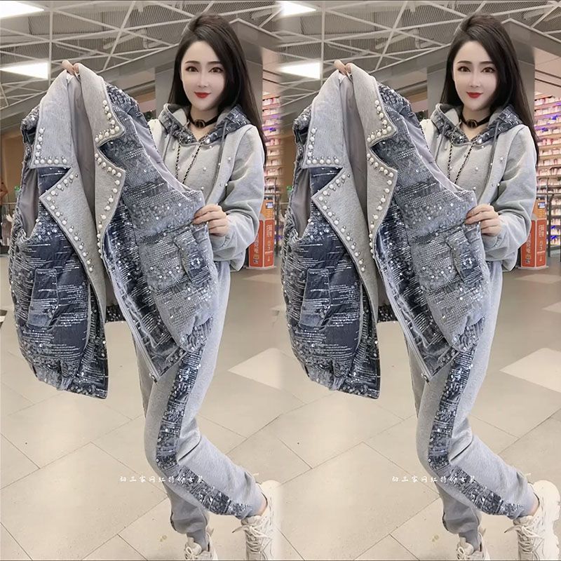 秋冬季重工釘珠亮片衛衣馬甲三件套女寬鬆氣質加絨加厚時尚套裝潮