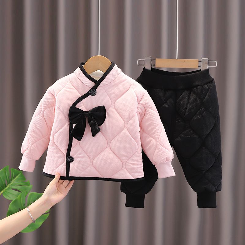 Girls autumn and winter suit 2023 new Internet celebrity children's velvet cotton coat two-piece set Western style baby thickened cotton