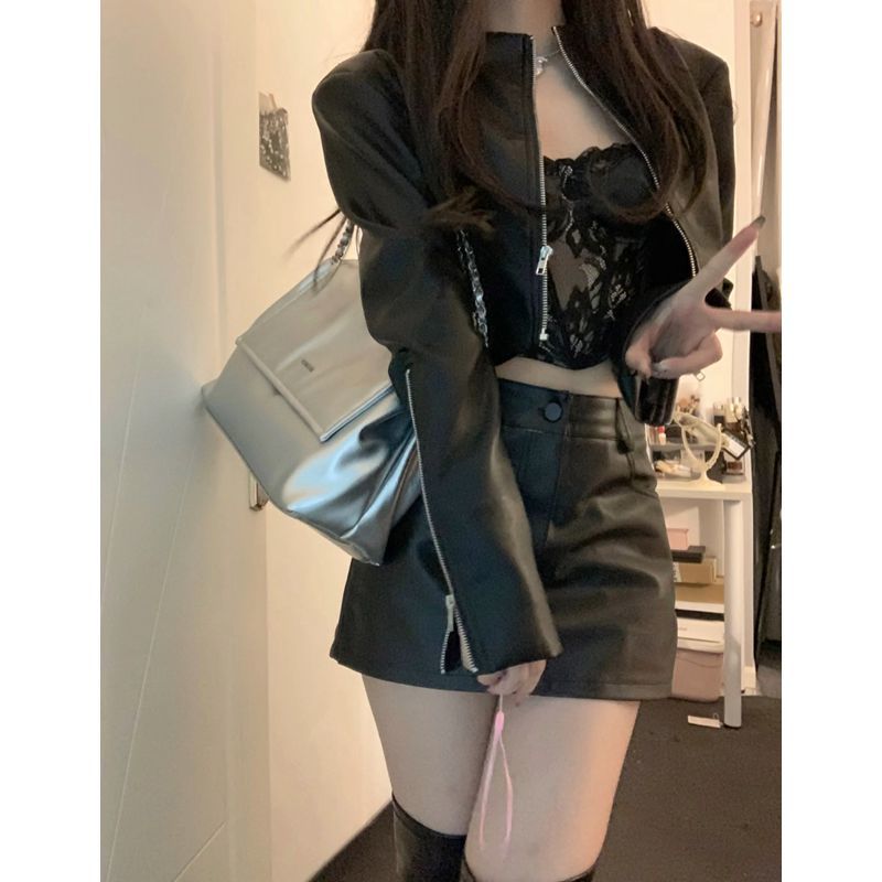【兩件套裝】美式辣妹黑色機車短款皮衣外套女+高腰顯瘦皮半身裙