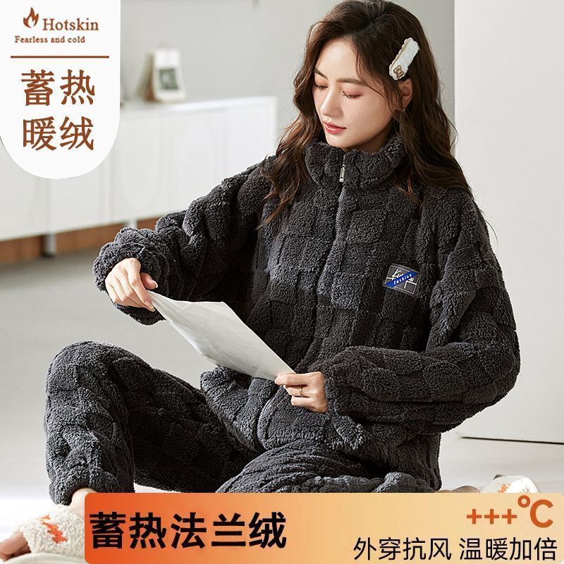 新款法蘭絨秋冬季女士睡衣保暖絨套裝冬天高檔珊瑚絨家居服可外穿