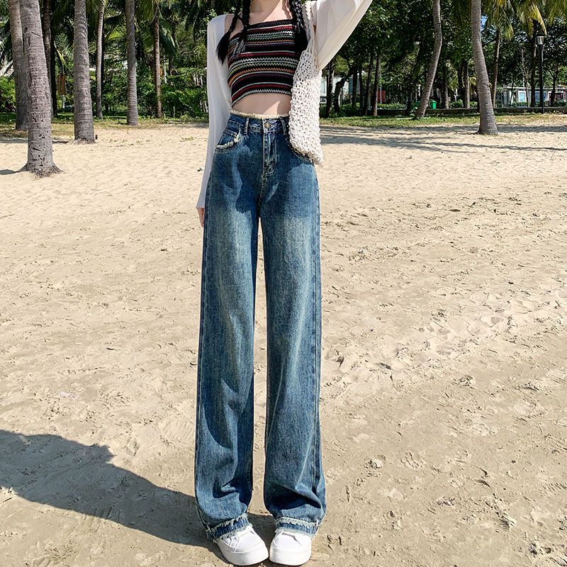 顯瘦直筒高街毛邊牛仔褲女秋裝2023新款高腰寬鬆大碼闊腿褲潮流