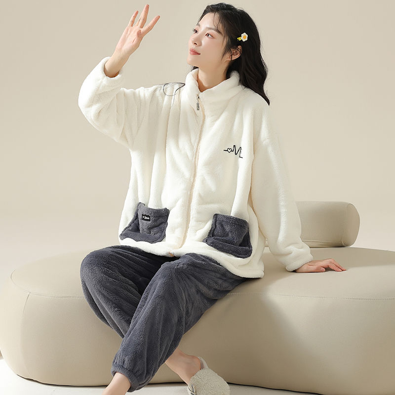 高顏值洋氣外穿睡衣女士秋冬款珊瑚絨加絨加厚細絨法蘭絨新款高領