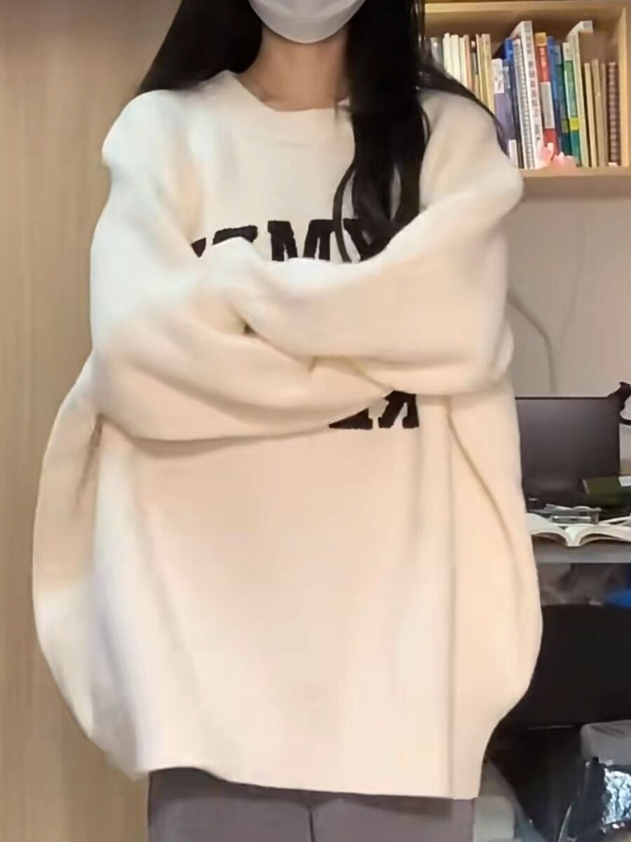 加厚款!美式復古流行圓領套頭毛衣刺繡字母寬鬆慵懶風針織秋冬女