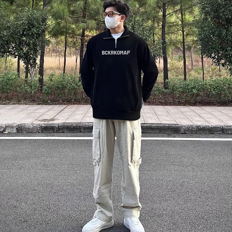 秋冬季新款半拉鏈polo領衛衣男復古美式寬鬆運動潮流外穿套頭上衣