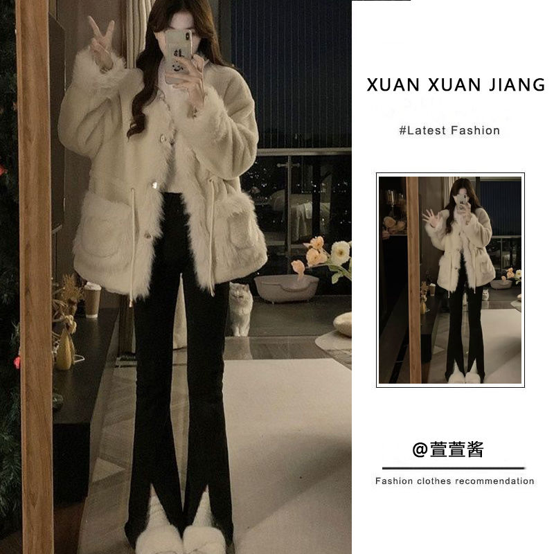 套裝女2023秋冬新款小香風氣質寬鬆羊羔毛外套高腰顯瘦開叉喇叭褲