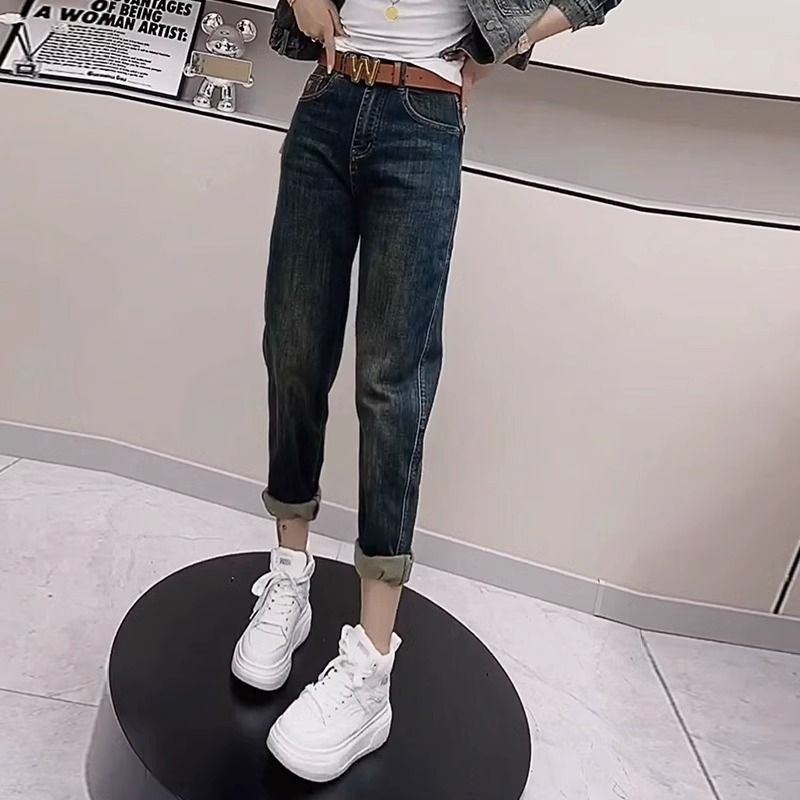 哈倫牛仔褲女早秋季2023新款高腰小個子梨形胖mm大碼顯瘦老爹褲子