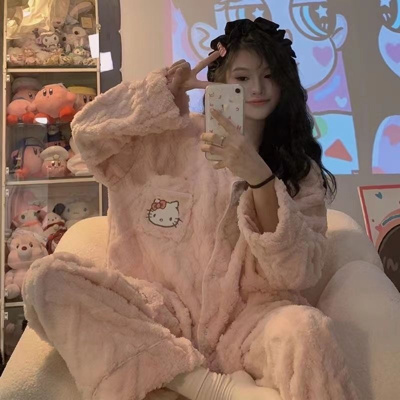 珊瑚絨睡衣女秋冬加絨加厚ins少女可愛KT貓法蘭絨外出家居服套裝