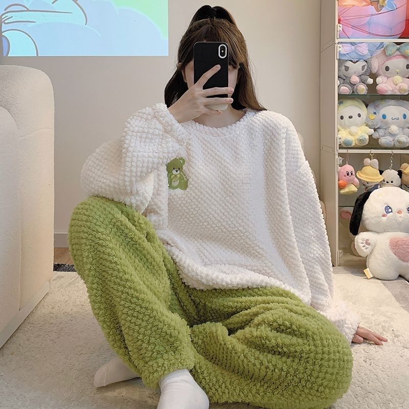 秋冬款睡衣女珊瑚絨2023新款卡通加絨加厚套頭冬季天法蘭絨家居服