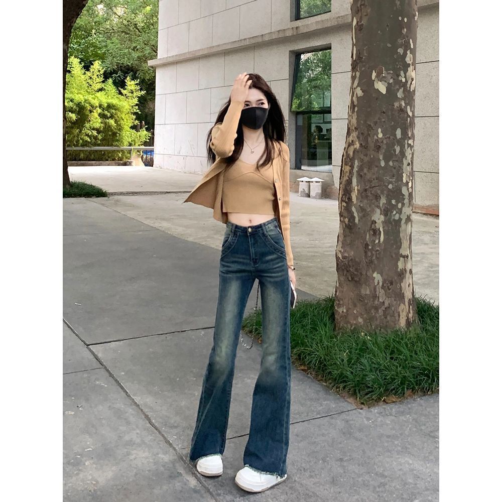 美式復古喇叭小個子牛仔褲女新款高腰彈力修身顯瘦拖地毛邊馬蹄褲