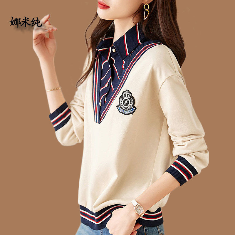 學院風假兩件上衣女裝春秋新款簡約時尚寬鬆撞色拼接條紋休閒襯衫