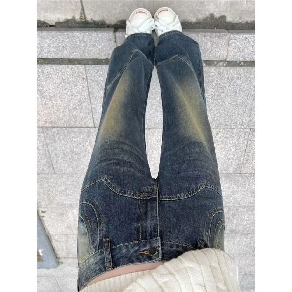 美式復古藍微喇叭春秋牛仔褲女高腰顯瘦闊腿高街拖地長褲子ins潮