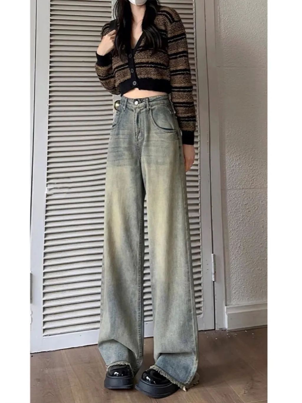 American retro distressed cement yellow straight-leg jeans for women in autumn new high-waisted slimming loose wide-leg raw edge pants