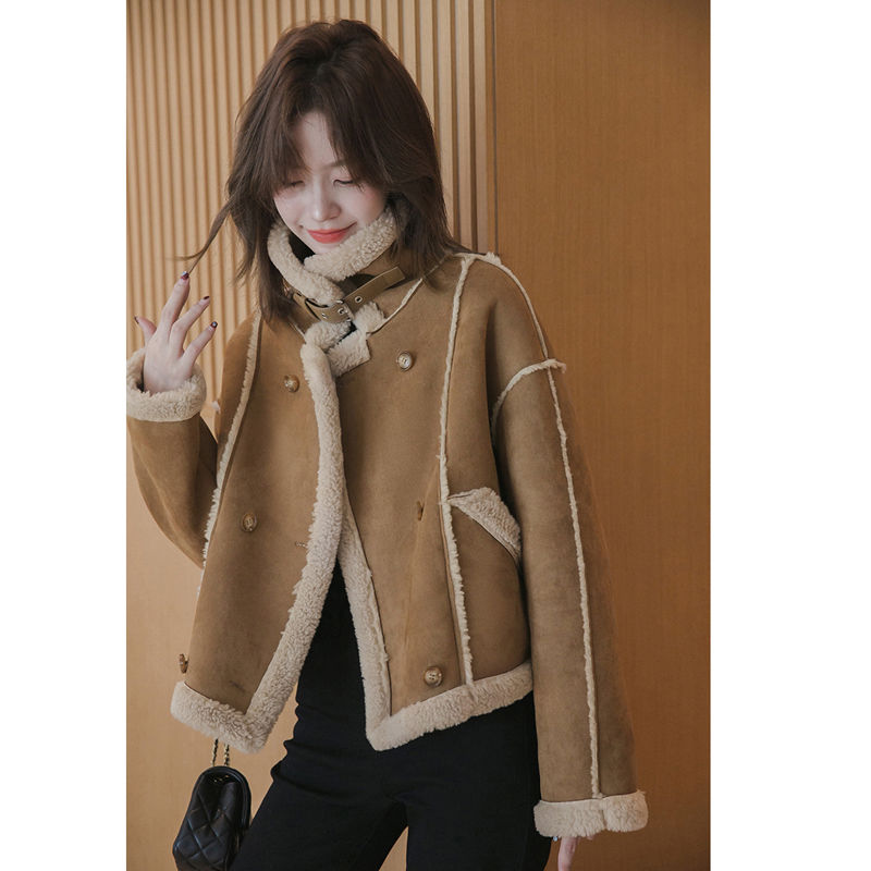 High-end Maillard imitation suede fur all-in-one short coat for women winter new thickened warm cotton coat for women