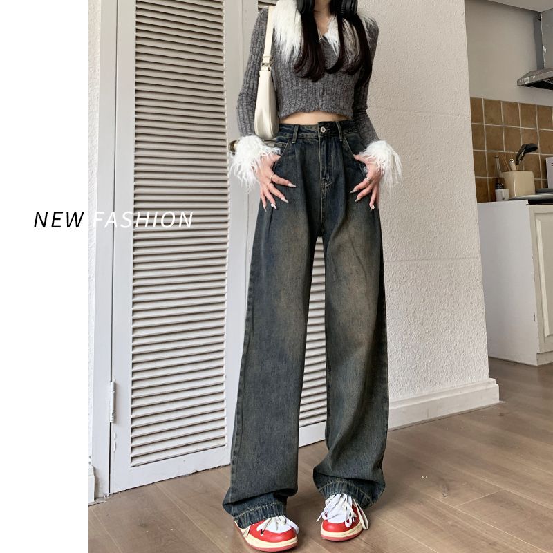 復古闊腿牛仔褲女秋冬2023年新款水泥灰美式高腰寬鬆直筒褲子ins