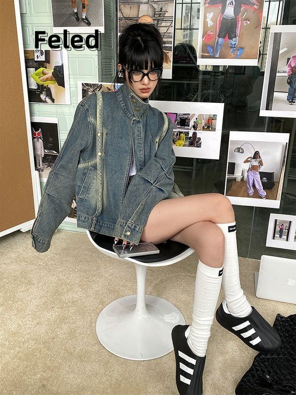 Feila Denton personalized trendy washed distressed denim jacket for men and women 2023 autumn and winter work jacket personalized top