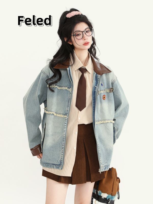 Feila Denton Autumn and Winter New American Retro Raw Edge Denim Jacket for Men and Women Loose Splicing Lapel Couple Jacket