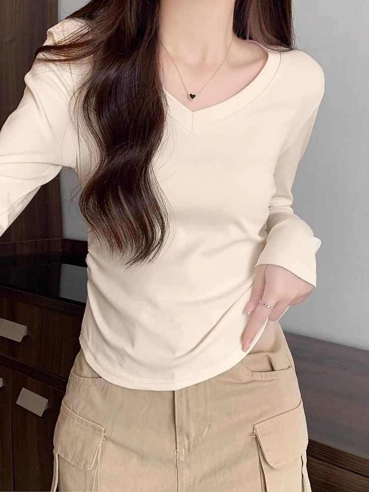 v領正肩t恤女長袖秋季不規則修身純棉短款打底衫內搭甜辣緊身上衣