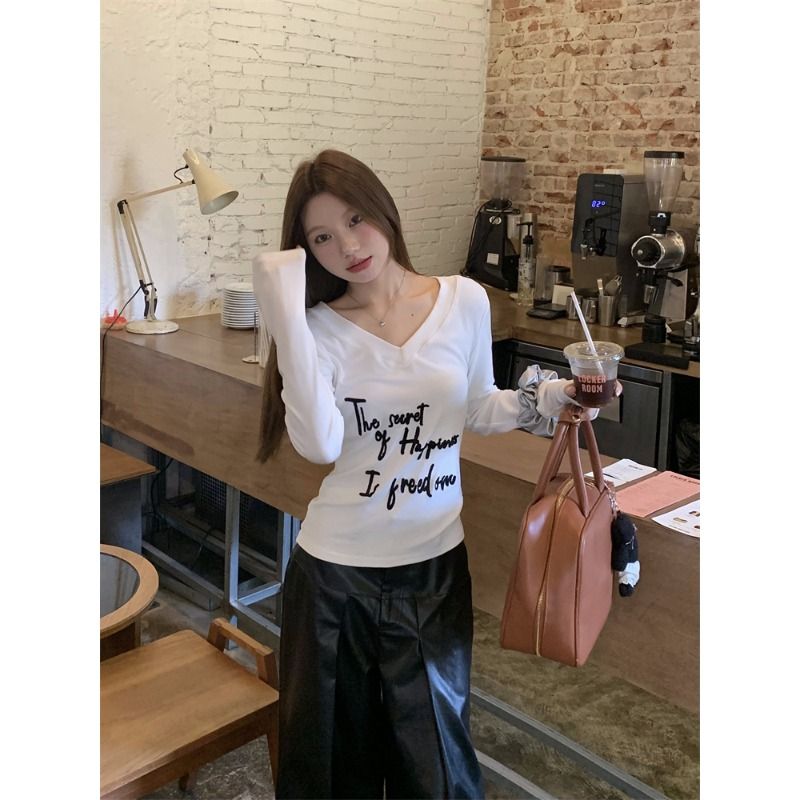 韓版V領長袖打底女秋冬辣妹風字母修身顯瘦長袖T恤上衣chic
