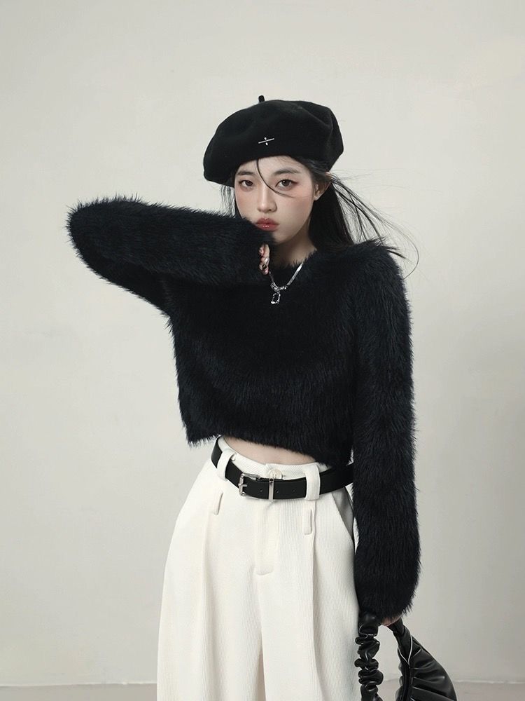 MINETTE仿水貂絨毛衣女秋冬季新款高級感軟糯加厚短款針織衫上衣