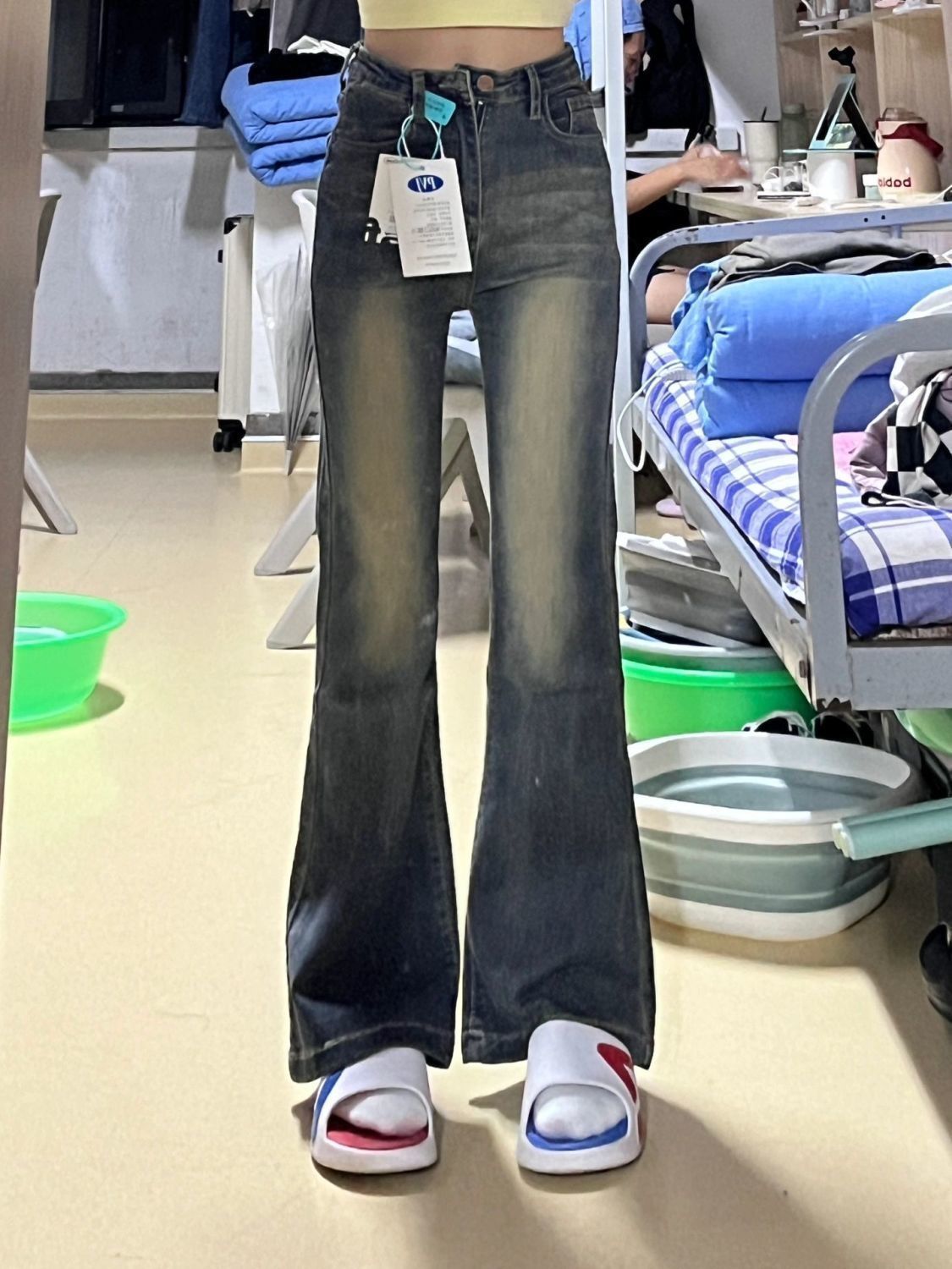 歐美微喇叭牛仔褲女秋季新款復古高腰修身彈力顯瘦直筒長褲小個子