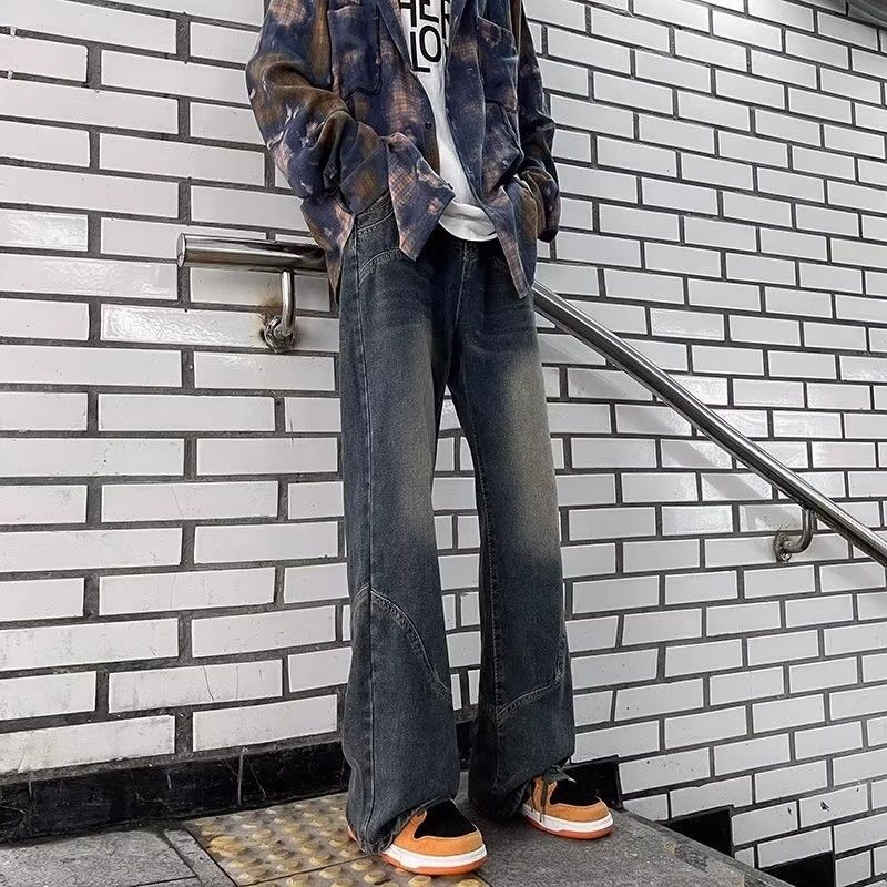 美式复古hiphop裤子高街拼接水洗蓝牛仔裤男宽松直筒设计感微喇裤