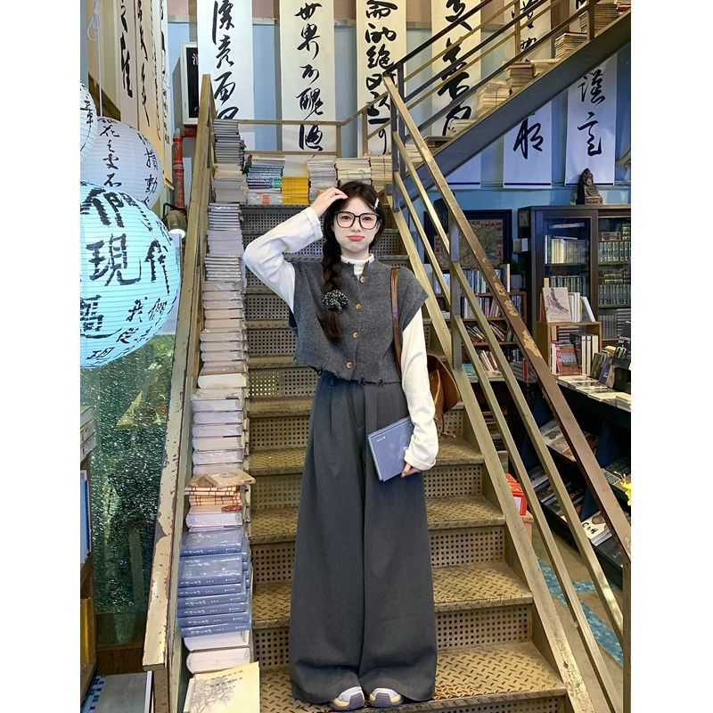 套裝女2023秋冬新款復古寬鬆短款針織馬甲背心長袖上衣高腰闊腿褲