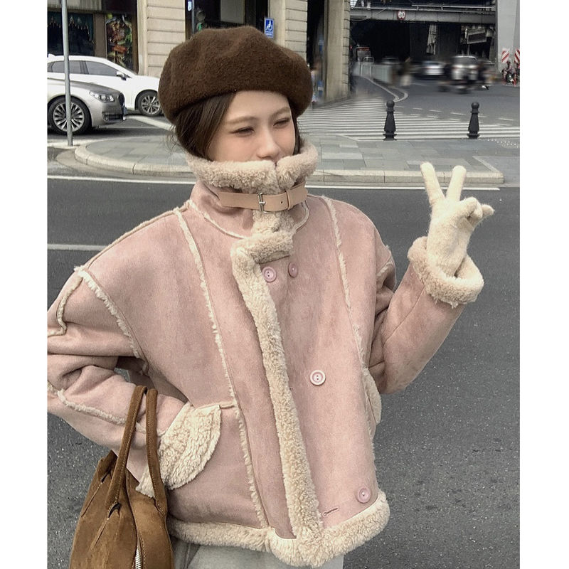 Suede stitching stand collar motorcycle jacket short coat winter new warm fur one-piece top for small people
