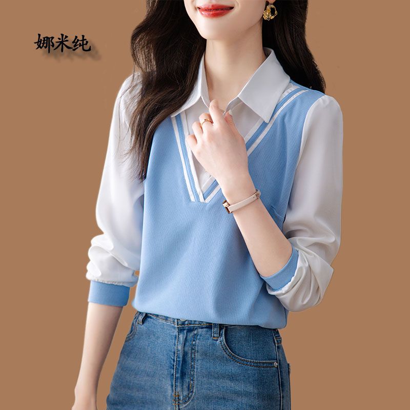 時尚拼接假兩件上衣女秋冬新款洋氣減齡百搭襯衫韓版加絨打底小衫