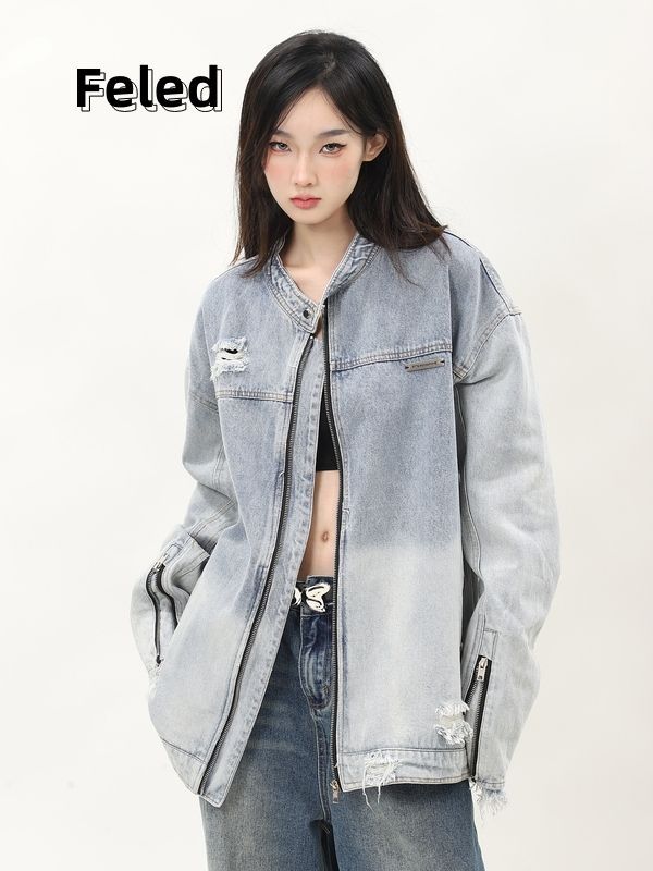 Feira Denton American retro loose gradient light blue denim jacket for men and women new design niche jacket