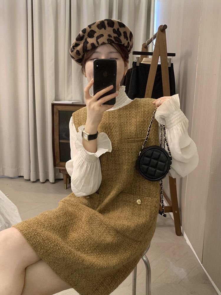 今年流行漂亮端莊大氣女裝小洋裝小香風襯衫背心裙兩件套裝裙秋冬