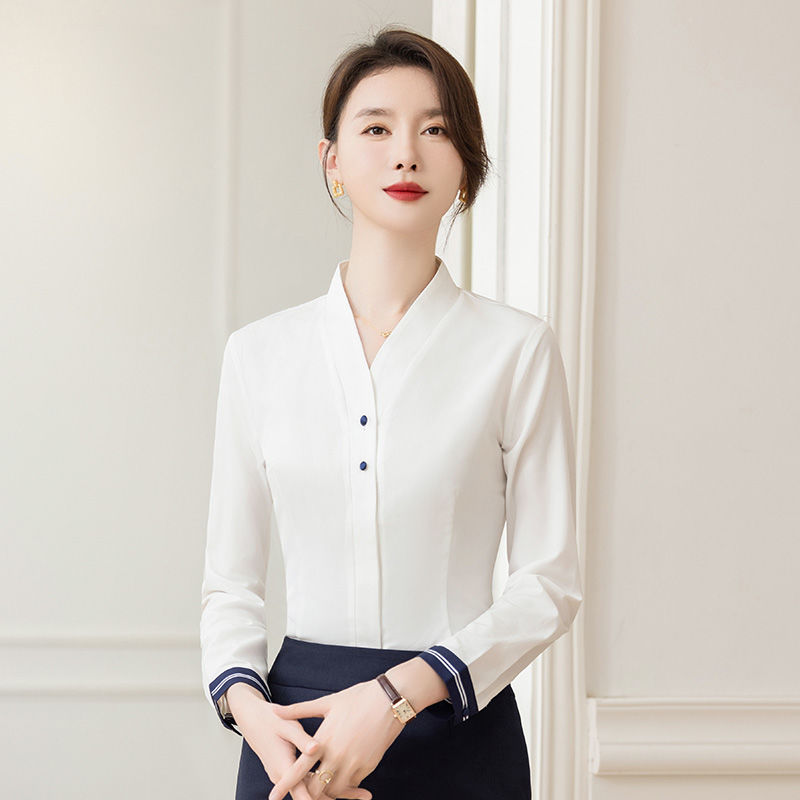 白色襯衫女長袖v領2023春秋新款氣質面試空姐職業工作服白襯衣秋