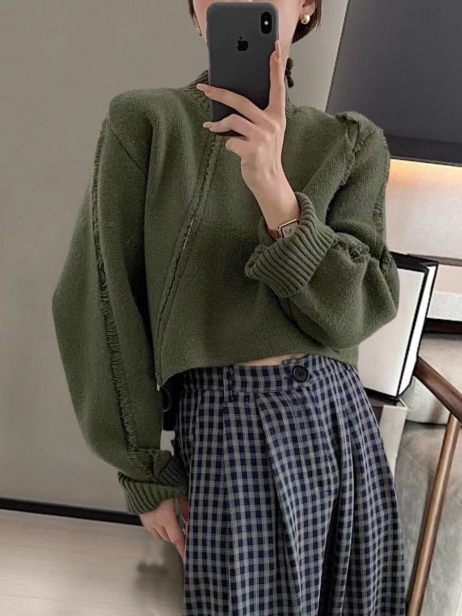 設計感小眾時髦拉鏈開衫針織毛衣女洋氣短款小立領外套顯瘦上衣服
