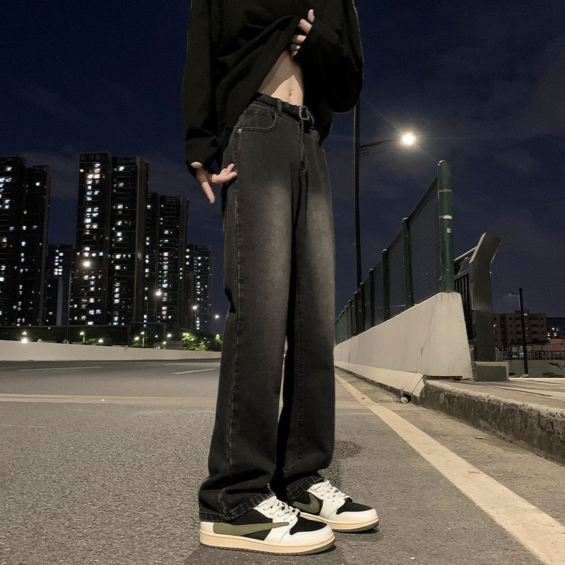黑灰色微喇牛仔裤男直筒修身美式vibe高街秋季新款渐变小众长裤子
