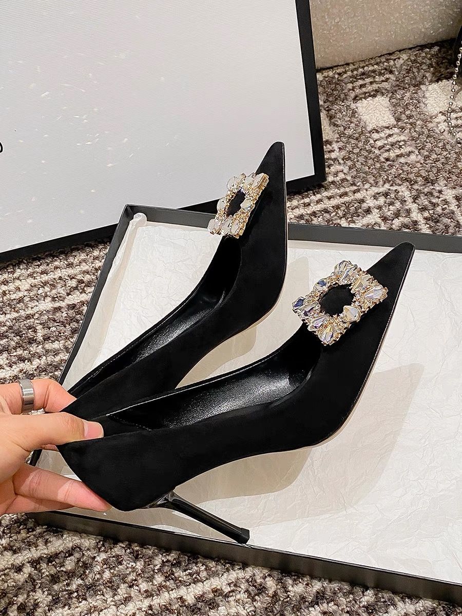 Black Sexy Pointed Toe High Heels Women's Thin 2023 New French Versatile Temperament Rhinestone Square Buckle Shoes