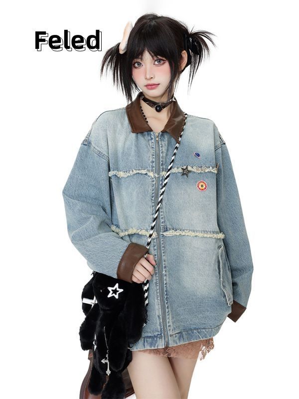 Feila Denton's new national fashion raw edge splicing lapel design niche denim jacket men's and women's retro jacket