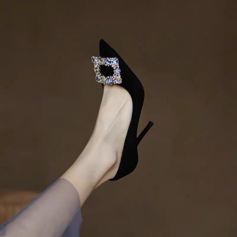 French style high heels for women with stiletto heels  autumn and winter new Korean style rhinestone versatile black work shoes shallow mouth single shoes for women