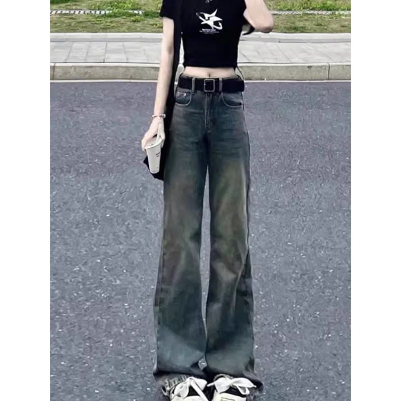 美式復古牛仔褲女秋季新款2023新款高腰直筒窄版寬鬆闊腿褲設計感