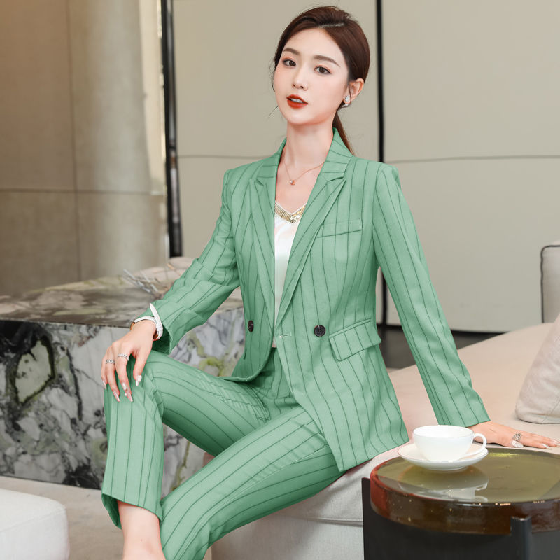 Green Striped Suit Women's Suit 2023 Autumn and Winter New Fashion Temperament Formal High-end Small Suit Professional Women's Wear