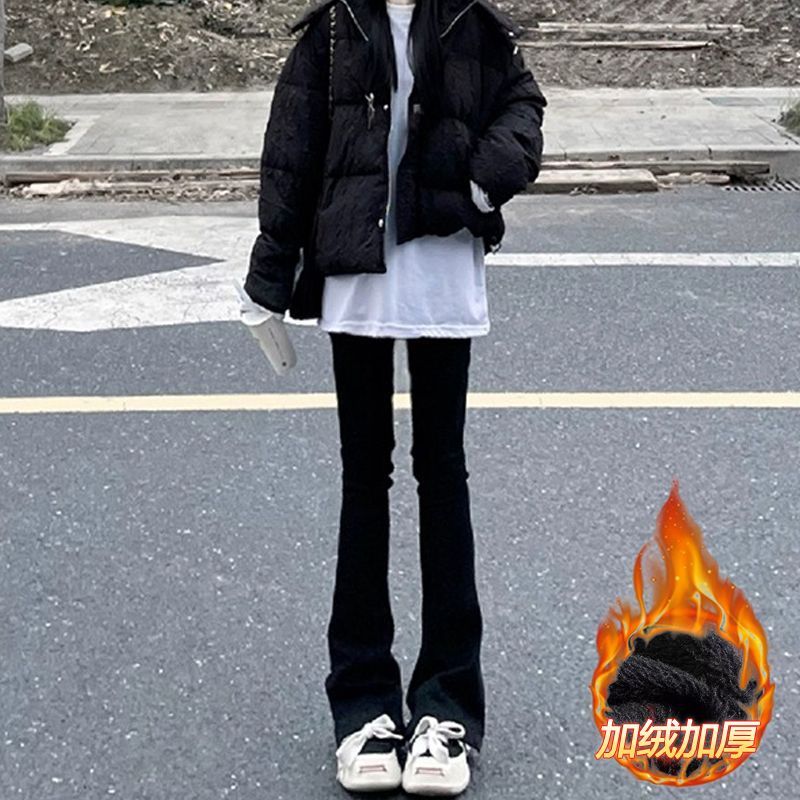 黑色百搭微喇叭牛仔褲女2023年新款秋冬加絨彈力高腰顯瘦馬蹄褲